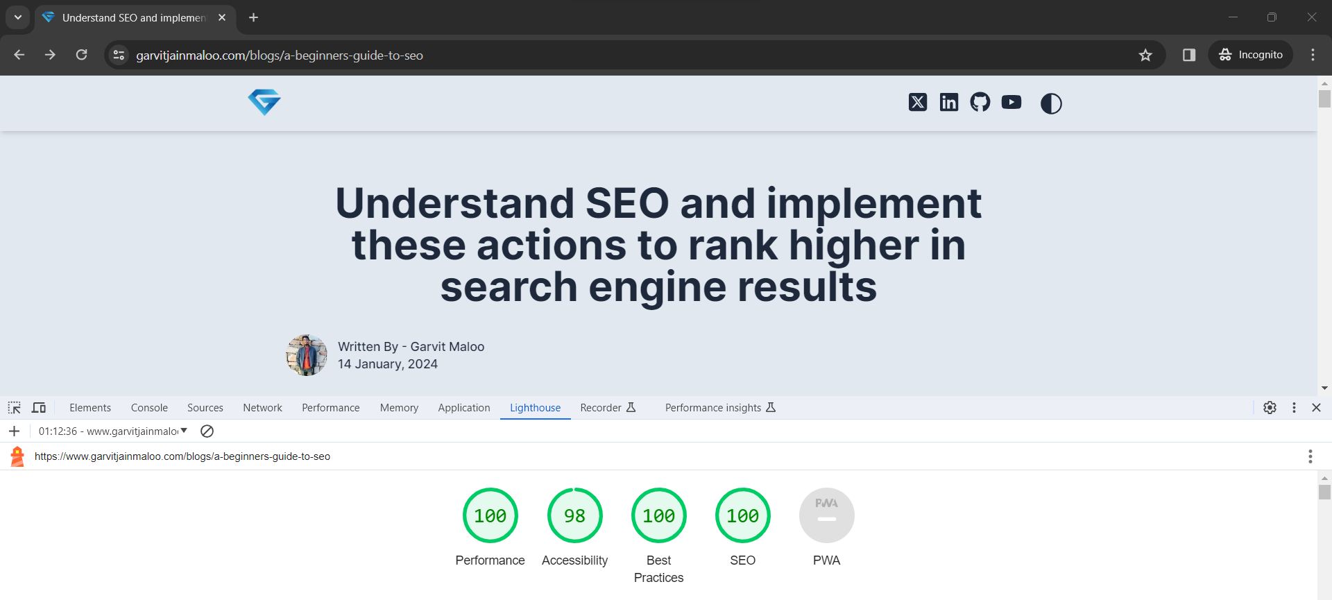 audit result of a post page on a desktop device